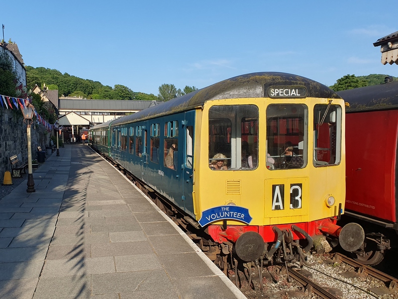 4-car Hybrid 104/108 and 109 at Llangollen with an evening special to Corwen on 03/06/23