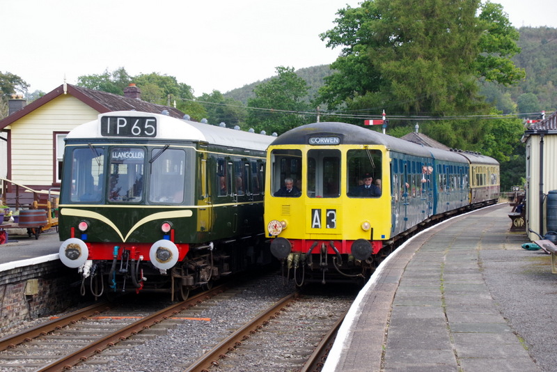 Class 104+observation coach passing the class 127 at Glyndyfrdwy on 07/10/23