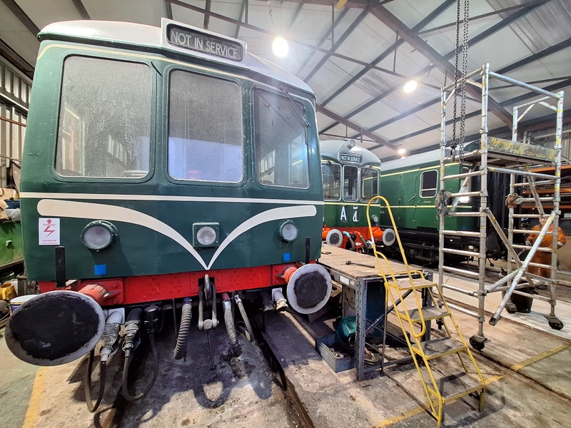 Class 108 56223 and class 109 56171 and 50416 inside the shed at Pentrefelin