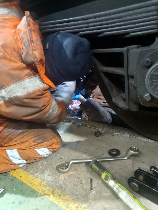 Class 109: Re-installing brakegear on the no. 1 bogie of 50416