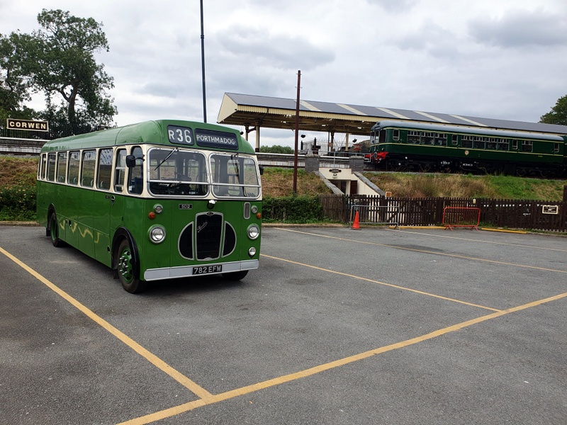 Wickham class 109 and a former Crosville bus at Corwen on 23/08/25